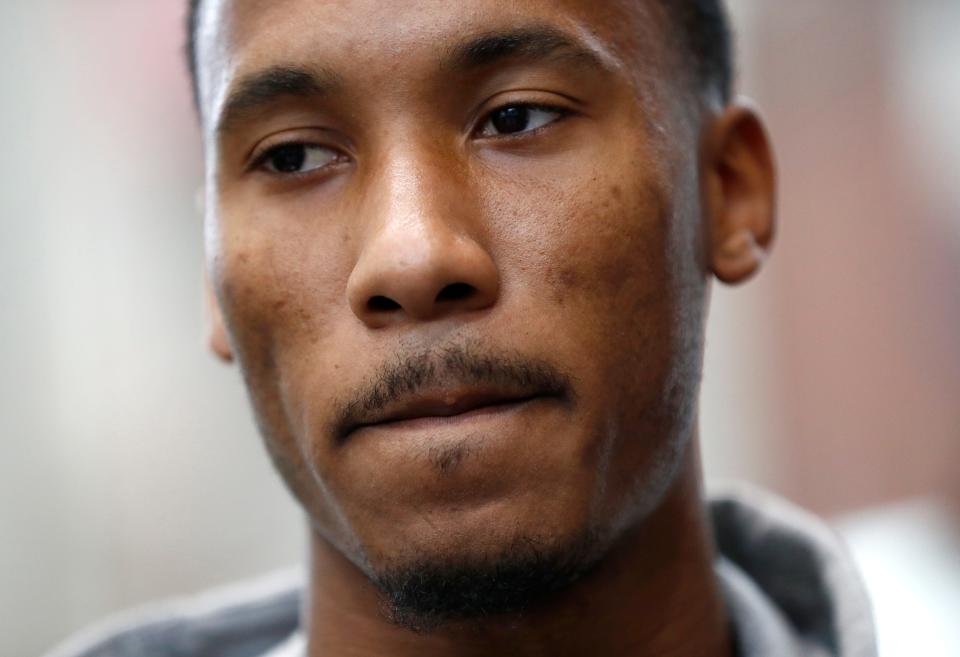 New York Giants' Travis Rudolph talks to reporters during NFL football rookie minicamp, Friday, May 12, 2017, in East Rutherford, N.J. (AP Photo/Julio Cortez)