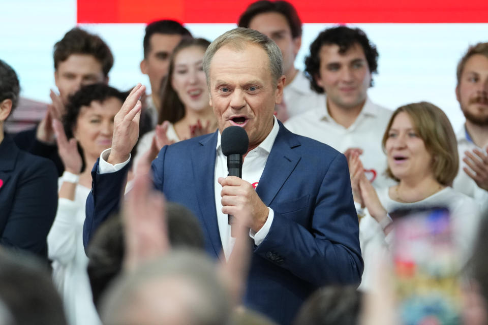 Donald Tusk, a former Polish prime minister addresses supporters at his party headquarters in Warsaw, Poland, Sunday, Oct. 15, 2023. Poland's election result is on a knife edge as an exit poll says that the governing Law and Justice party won the most votes. (AP Photo/Petr David Josek)