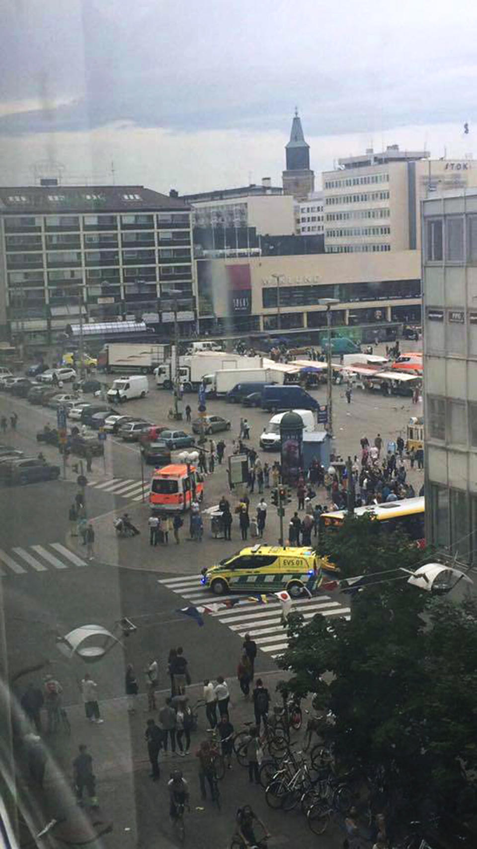 Emergency services work in Turku Market Square in Finland. (Facebook via AP)