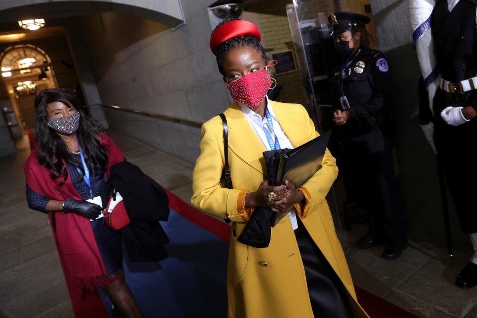 National youth poet laureate Amanda Gorman arrives at the inauguration of U.S. President-elect Joe Biden on Wednesday, Jan. 20, 2021 in Washington.