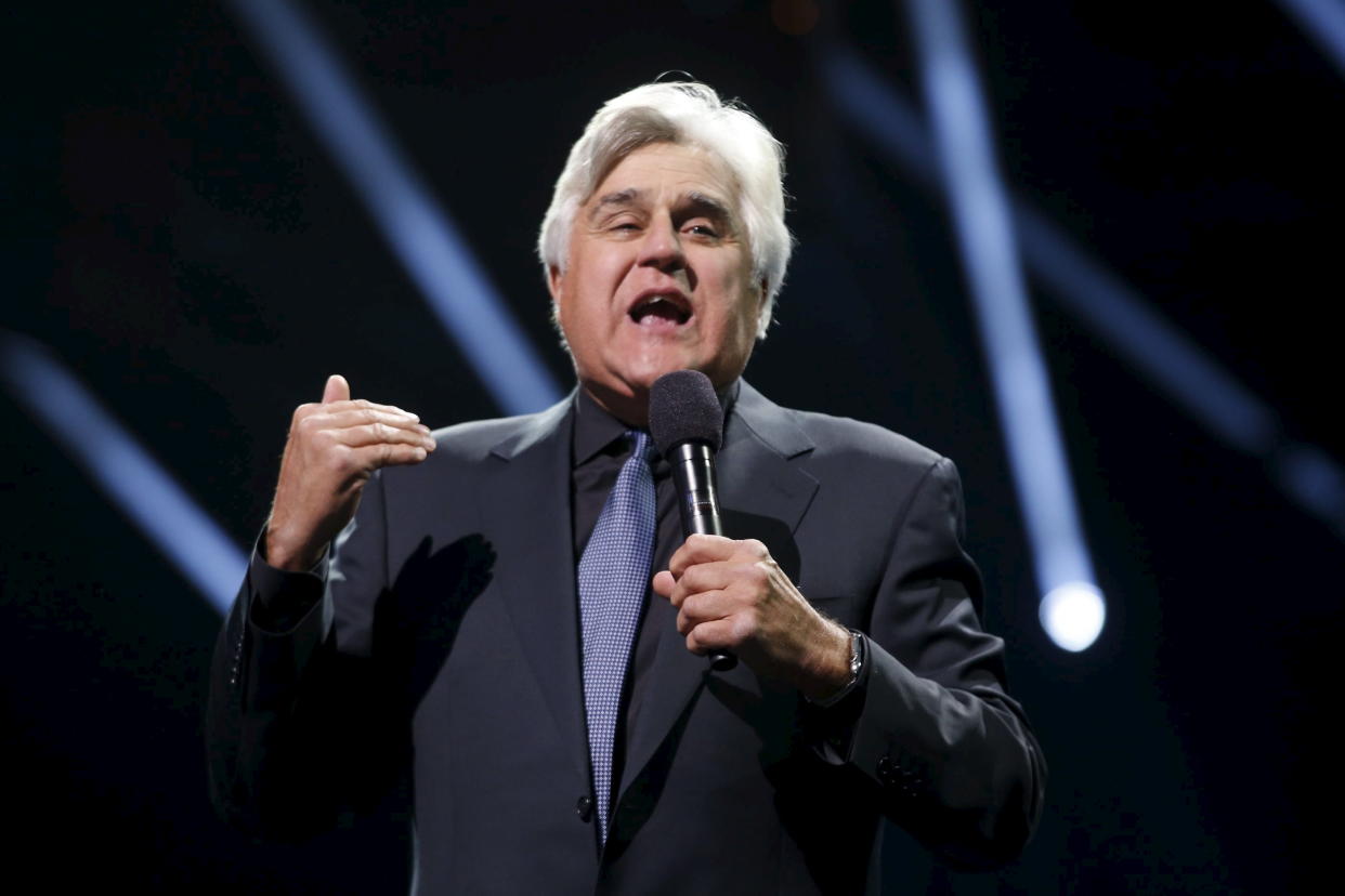 Host Jay Leno speaks on stage during the annual Nobel Peace Prize Concert in Telenor Arena outside Oslo, December 11, 2015. REUTERS/Terje Bendiksby/NTB scanpix    ATTENTION EDITORS - THIS IMAGE WAS PROVIDED BY A THIRD PARTY. FOR EDITORIAL USE ONLY. NOT FOR SALE FOR MARKETING OR ADVERTISING CAMPAIGNS. THIS PICTURE IS DISTRIBUTED EXACTLY AS RECEIVED BY REUTERS, AS A SERVICE TO CLIENTS. NORWAY OUT. NO COMMERCIAL OR EDITORIAL SALES IN NORWAY. NO COMMERCIAL SALES.