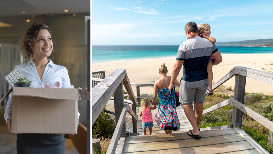 Composite image of a woman holding a box of her belongings after quitting, and a family walking onto a beach.