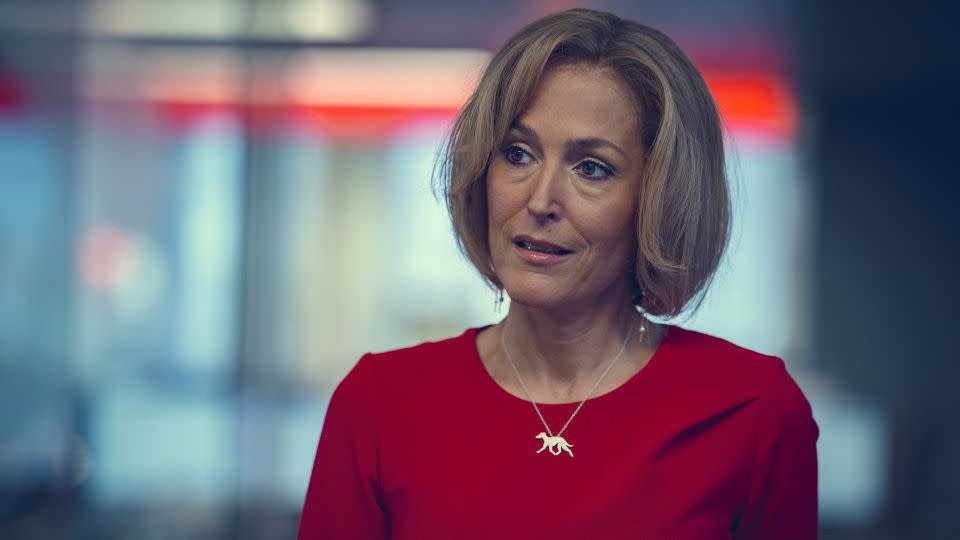 Gillian Anderson plays BBC journalist Emily Maitlis in "Scoop." - Netflix