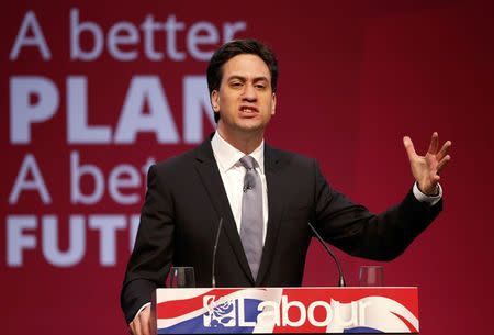 Britain's opposition Labour Party leader Ed Miliband announces his party's election manifesto at Granada studios in Manchester, northern England, April 13, 2015. REUTERS/Andrew Yates