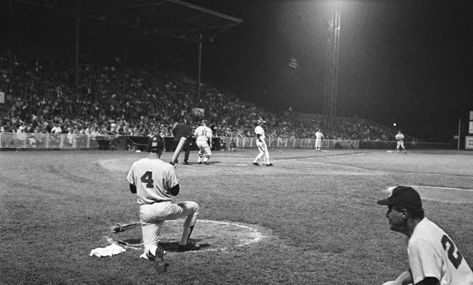 Rochester's Bobby Grich (4) waits in the on deck circle during game three of the Triple AAA Junior World Series against Denver at Silver Stadium on Sept. 16, 1971. Denver won the game 3-2.