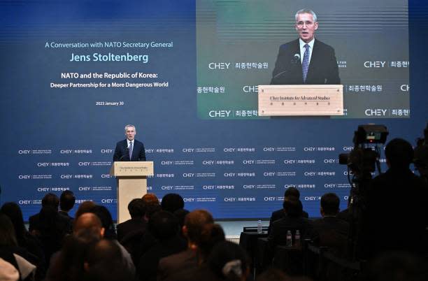 Nato secretary general Jens Stoltenberg speaks during a conversation at Chey Institute in Seoul on 30 January 2023 (Getty Images)