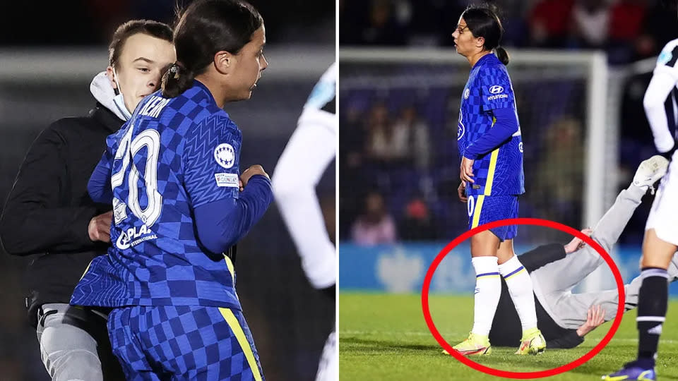 Seen here, Sam Kerr shoulder charges a pitch invader during Chelsea's clash with Juventus. 