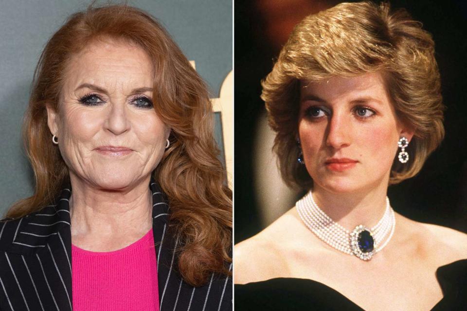 <p>Jo Hale/WireImage; Anwar Hussein/WireImage</p> Sarah Ferguson in 2023; Princess Diana in 1986.