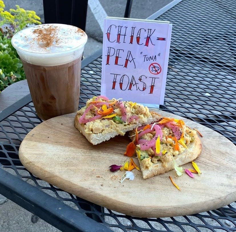 Chickpea toast and cold brew with a vegan friendly cold foam.