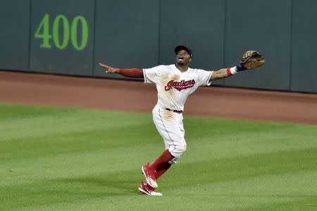 Jun 18, 2018; Cleveland, OH, USA; Cleveland Indians center fielder Rajai Davis (26) calls for a fly ball in the seventh inning against the Chicago White Sox at Progressive Field. Mandatory Credit: David Richard-USA TODAY Sports