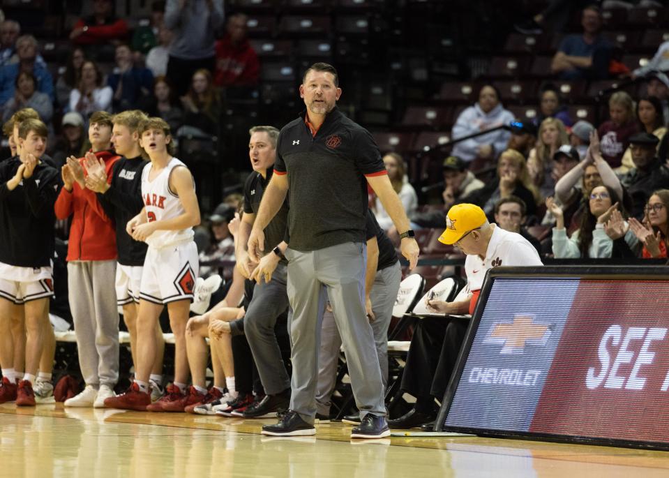 Ozark coach Mark Schweitzer reacts during the semifinal round of the gold division at the Blue and Gold Tournament on December 29, 2021.