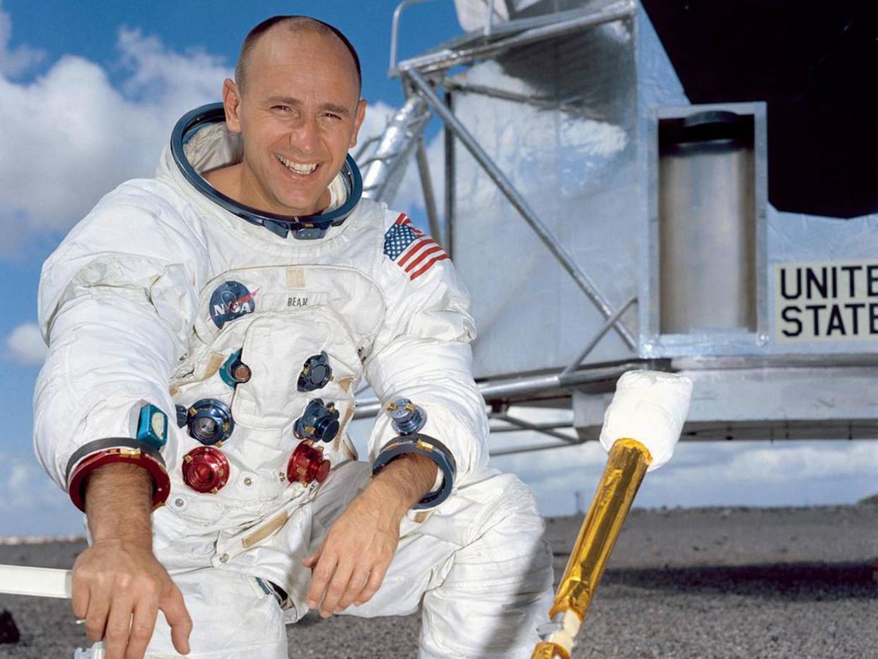 Astronaut Alan Bean poses for a portrait in front of a mock-up of the Lunar Module: Nasa