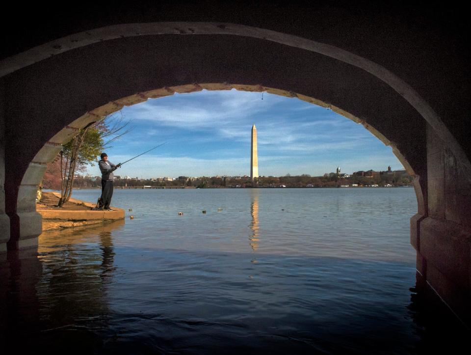 A man casts his line into the Tidal Basin as seen from under the inlet bridge, one of the local sights to be seen from the Potomac and Anacostia rivers, on March, 27, 2019 in Washington, DC.