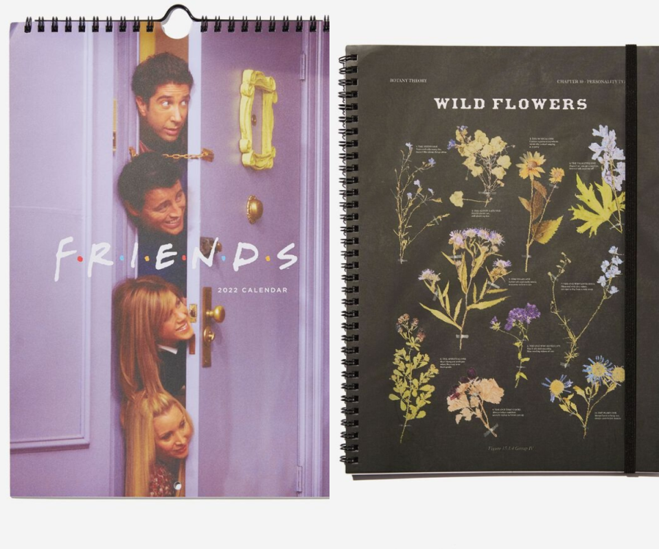 A purple Friends calendar on the left and a black floral journal on the right.