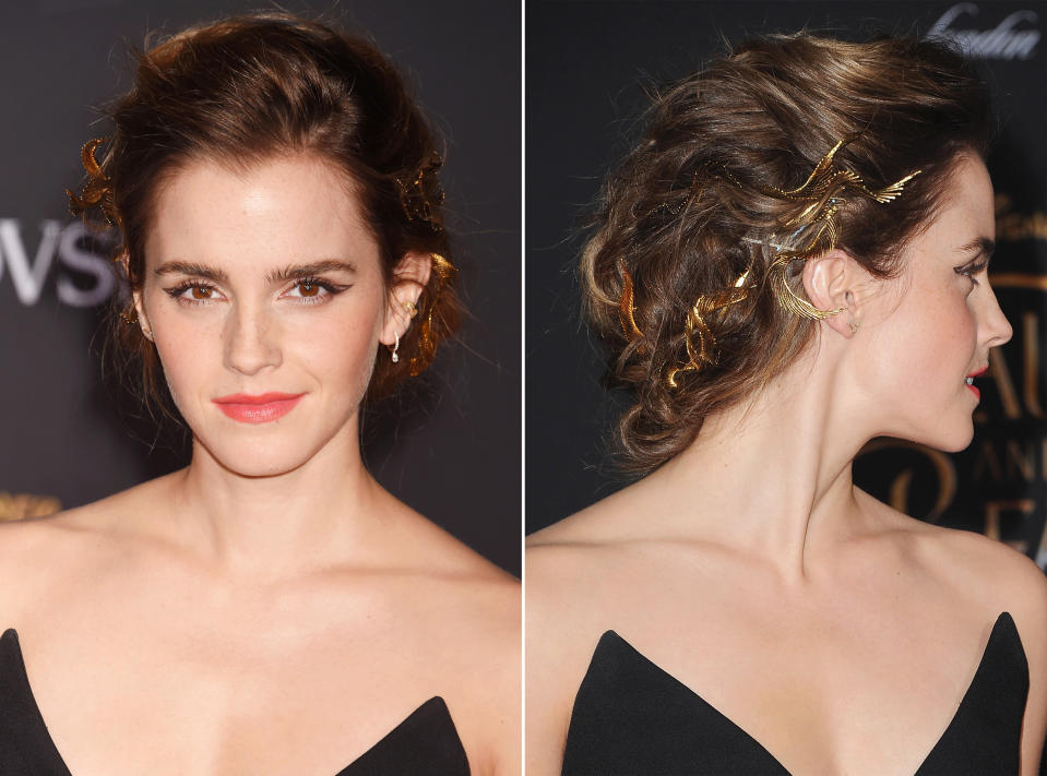 <p>Emma Watson's tousled upo adorned with loose plaits and feathers is one of the most romantic hairstyles we've ever seen--and your date will agree. </p> <p>Watson's stylist Adir Abergel coated her layers with Leonor Greyl's Au Lotus Volumizing Mousse ($46; <a rel="nofollow noopener" href="http://shop.nordstrom.com/s/leonor-greyl-paris-au-lotus-volumizing-mousse/3294557" target="_blank" data-ylk="slk:nordstrom.com;elm:context_link;itc:0;sec:content-canvas" class="link ">nordstrom.com</a>) from mid-shaft to ends and rough dried it to bring out her natural waves. Next, he took a 3/4 inch curling iron to create loose waves at the ends of Watson's hair, and seperated them with Leonor Greyl Baume de Rose Styling Balm ($49; <a rel="nofollow noopener" href="http://www.saksfifthavenue.com/main/ProductDetail.jsp?PRODUCT%3C%3Eprd_id=845524446849888&site_refer=CSE_GGLPRADS001&gclid=CJDkt8e_kNMCFdaEswoda6sLbA&gclsrc=aw.ds" target="_blank" data-ylk="slk:saksfifthavenue.com;elm:context_link;itc:0;sec:content-canvas" class="link ">saksfifthavenue.com</a>). While maintaing volume at the crown, Abergel created a few deconstructed braids all over and tied the star's hair into a loose chignon at the nape of the neck. He completed the look with his Adir x Lelet NY Gold Quill Halo ($688; <a rel="nofollow noopener" href="http://www.leletny.com/adir-x-lelet-shop/metallic-quill-halo" target="_blank" data-ylk="slk:leletny.com;elm:context_link;itc:0;sec:content-canvas" class="link ">leletny.com</a>) and a shield of Leonor Greyl's Voluforme Styling Spray ($36; <a rel="nofollow noopener" href="http://shop.nordstrom.com/s/leonor-greyl-paris-voluforme-styling-spray/3294614" target="_blank" data-ylk="slk:nordstrom.com;elm:context_link;itc:0;sec:content-canvas" class="link ">nordstrom.com</a>).</p>  