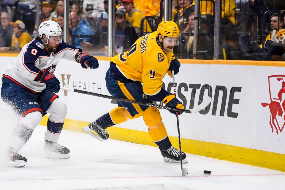 Apr 13, 2024; Nashville, Tennessee, USA; Nashville Predators left wing Filip Forsberg (9) skates against the Columbus Blue Jackets during the first period at Bridgestone Arena. Mandatory Credit: Steve Roberts-USA TODAY Sports