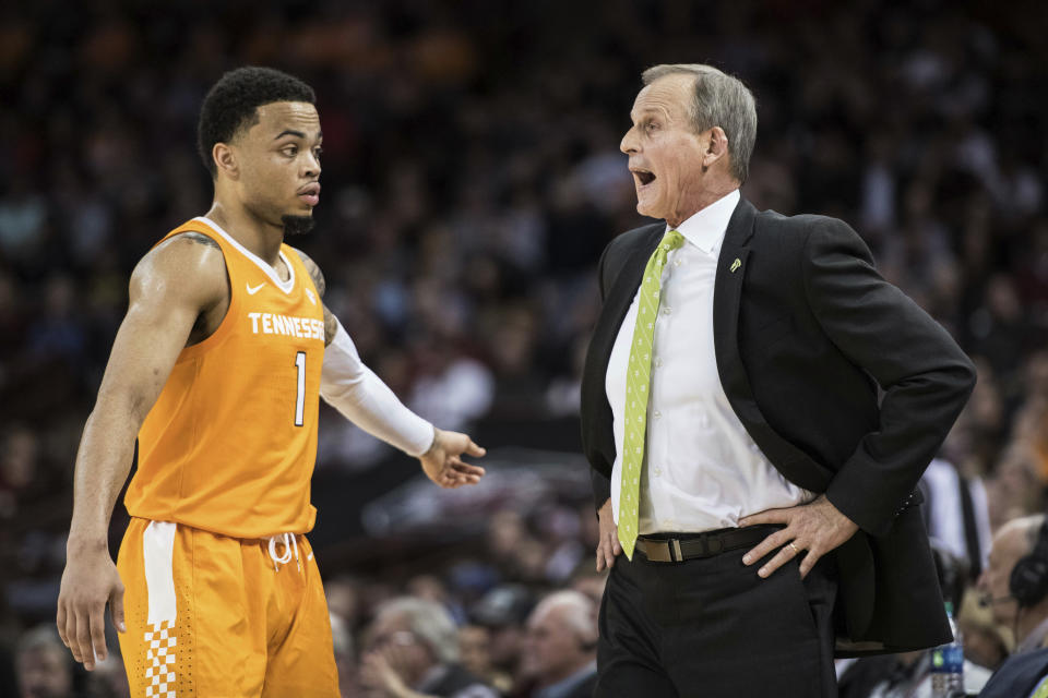 Tennessee head coach Rick Barnes shouts at guard Lamonte Turner (1) during the first half of an NCAA college basketball game against South Carolina Tuesday, Jan. 29, 2019, in Columbia, S.C. (AP Photo/Sean Rayford)