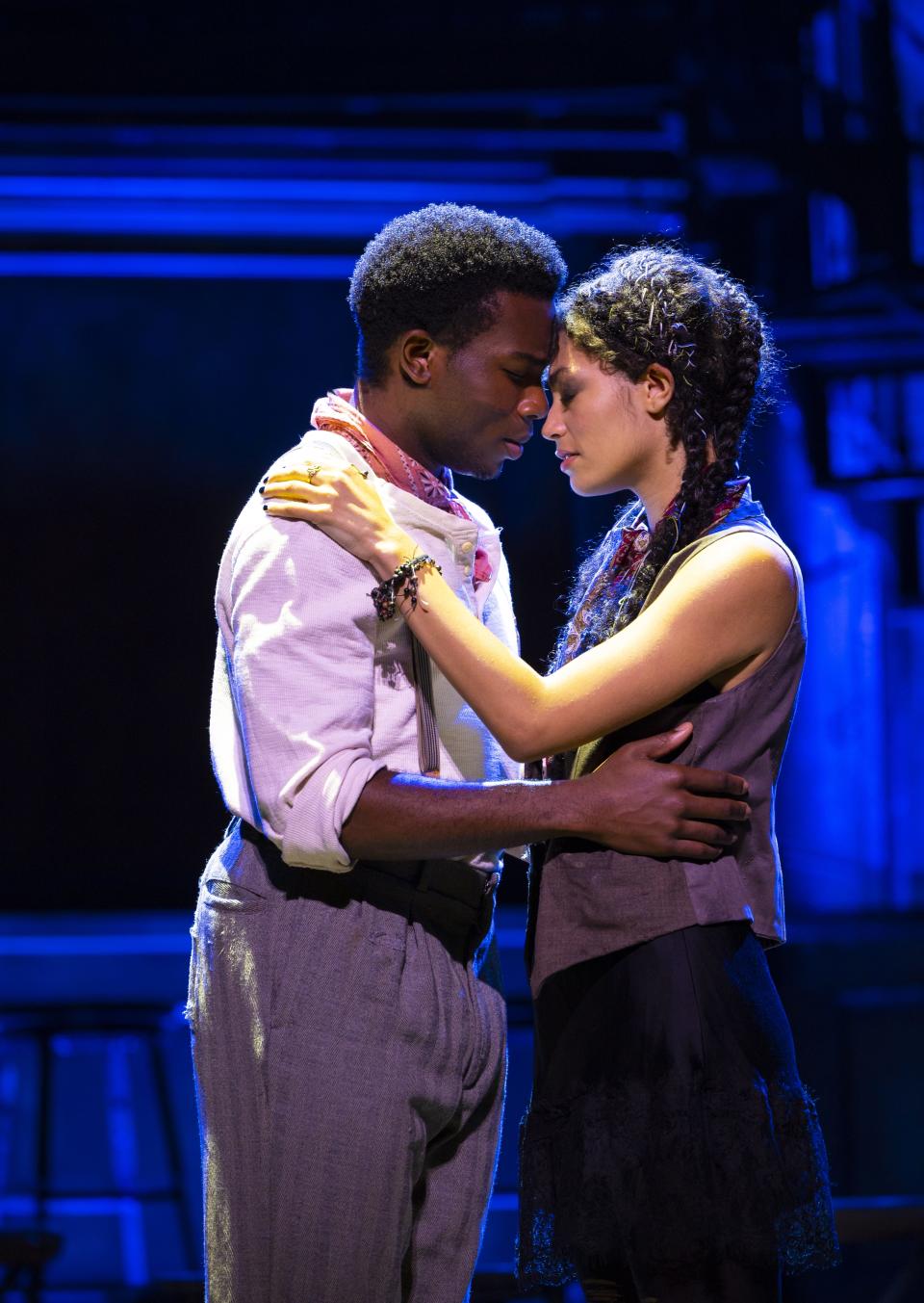 Chibueze Ihuoma and Hannah Whitley play lovers Orpheus and Eurydice in the North American tour of "Hadestown," showing at Playhouse Square in Cleveland Tuesday though Feb. 19.