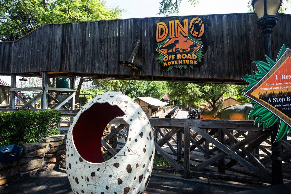 The entrance to Six Flags Over Texas’ ride Dino Off Road Adventure on Friday, June 21, 2024, in Arlington. The ride featured cars that drive around on a fixed track while guests can view variety of animatronic dinosaurs.
