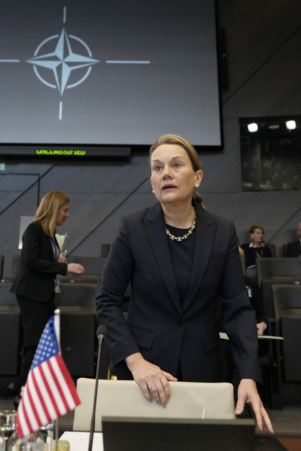 United States Permanent Representative to NATO, Julianne Smith, takes her seat during a meeting of the North Atlantic Council in defense ministers session at NATO headquarters in Brussels, Thursday, Feb. 15, 2024. (AP Photo/Virginia Mayo)
