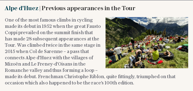 Alpe d'Huez | Previous appearances in the Tour