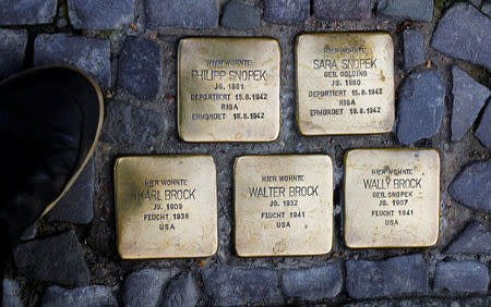 Parts of the Holocaust memorial project "Stolpersteine" (stumbling blocks) are pictured in Berlin, Germany, August 18, 2017. REUTERS/Hannibal Hanschke