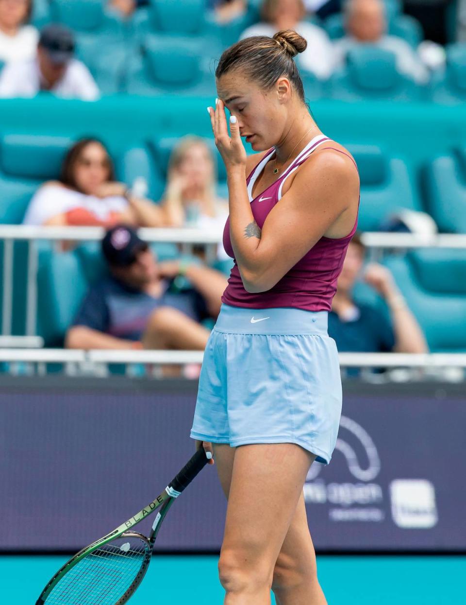 Aryna Sabalenka of Belarus reacts during her match against Sorana Cirstea of Romania at the Miami Open tennis tournament on Wednesday, March 29, 2023, in Miami Gardens, Fla.