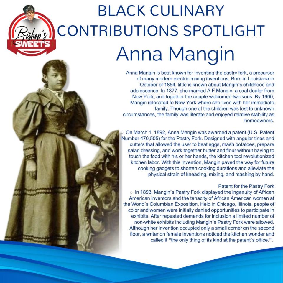 Anna Mangin, a Black educator, caterer, and businesswoman who invented the pastry fork, is one of the people highlighted on Bishop's Sweets' wall of inspiration in West Allis. Owner Shane Rowe has a wall of nearly 30 Black contributors in the culinary field.