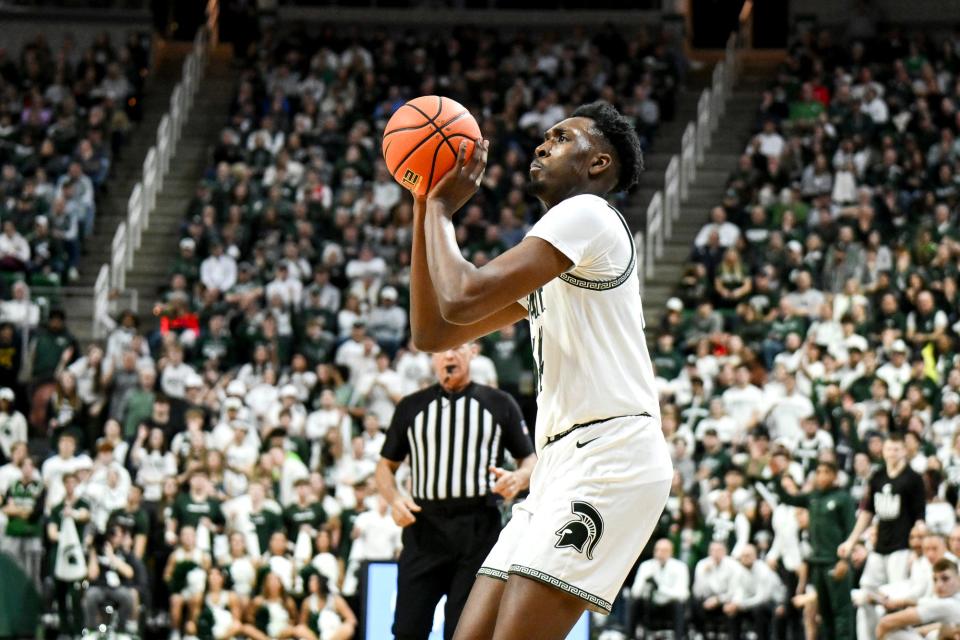 Michigan State's Xavier Booker makes a 3-pointer against Ohio State during the first half on Sunday, Feb. 25, 2024, at the Breslin Center in East Lansing.