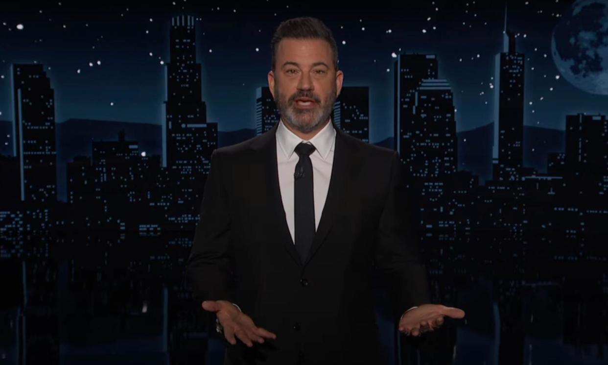 <span>Jimmy Kimmel on Trump’s hush money trial: ‘This sounds like something out of an episode of Seinfeld – there’s a gag order in the hush-money trial? Can you gag a hush?’</span><span>Photograph: YouTube</span>