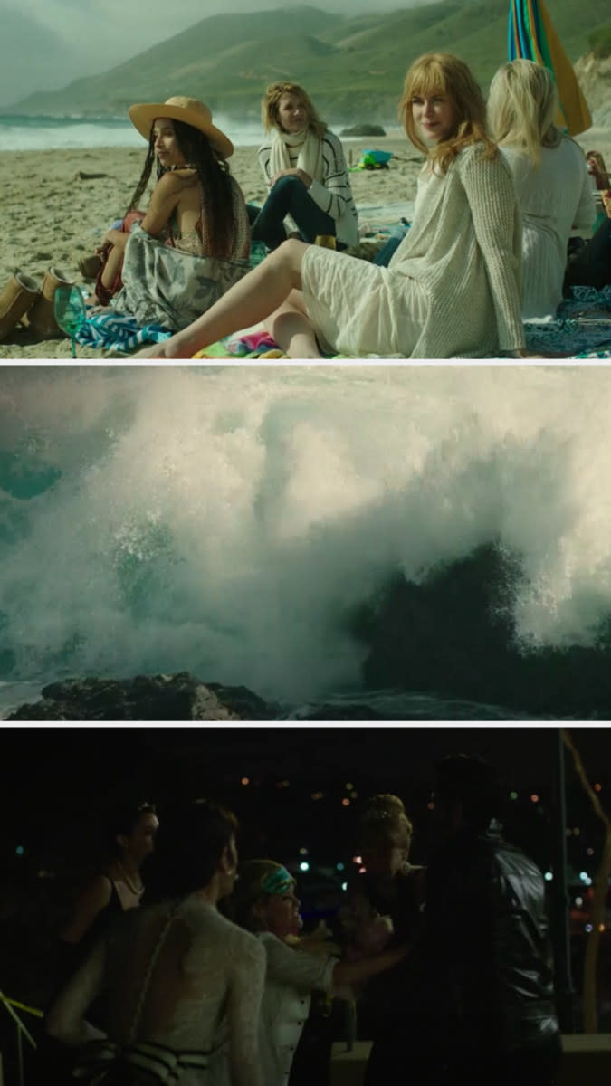 the women watch their kids on the beach as waves crash and it flashes back to them fighting with Perry