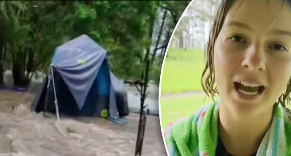 Maddy Northeast tells the camera about the terrifying camping ordeal that saw her get swept away in flood waters. Her flooded tent can also be seen.
