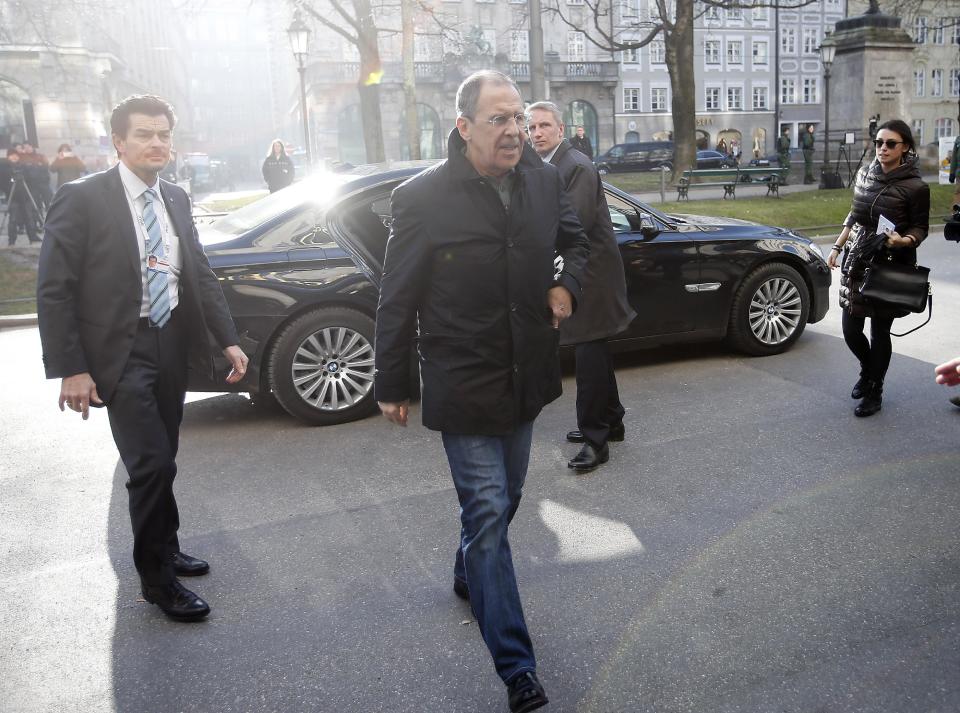 Russian Foreign Minister Sergey Lavrov arrives for the 50th Security Conference in Munich, Germany, Friday, Jan. 31, 2014. The conference on security policy takes place from Jan. 31, 2014 until Feb. 2, 2014.(AP Photo/Frank Augstein)