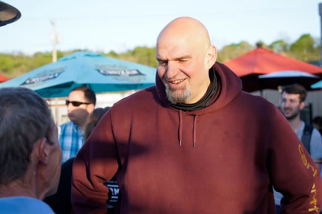 Pennsylvania Lt. Gov. John Fetterman greets people at a campaign stop in Greensburg on May 10. He is due to face Republican Mehmet Oz in the general election. (Photo: Keith Srakocic/Associated Press)