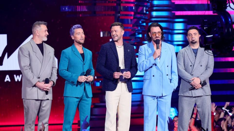 newark, new jersey september 12 l r joey fatone, lance bass, justin timberlake, jc chasez, and chris kirkpatrick of nsync speak onstage the 2023 mtv video music awards at prudential center on september 12, 2023 in newark, new jersey photo by theo wargogetty images for mtv