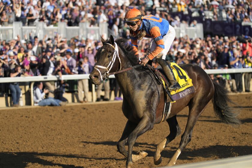 FILE - Irad Ortiz Jr. rides Forte to victory during the Breeders' Cup Juvenile race at Keenelend Race Course.