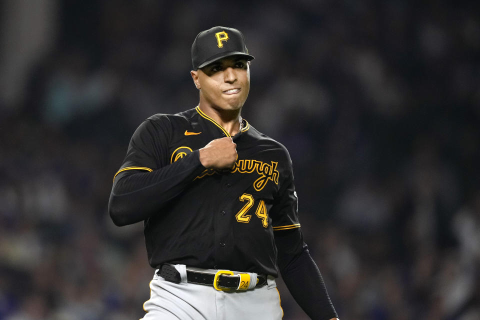 Pittsburgh Pirates starting pitcher Johan Oviedo reacts after striking out Chicago Cubs' Mike Tauchman to end the sixth inning of a baseball game Thursday, Sept. 21, 2023, in Chicago. (AP Photo/Charles Rex Arbogast)