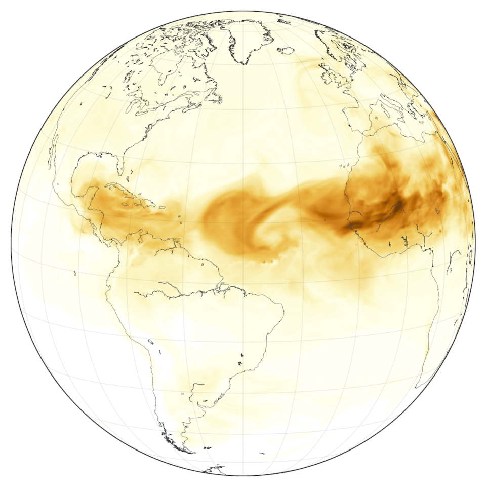 This map shows dust from a series of Saharan storms crossing the Atlantic on June 28, 2018. <a href="https://eoimages.gsfc.nasa.gov/images/imagerecords/92000/92358/dust_geo_2018179_lrg.png" rel="nofollow noopener" target="_blank" data-ylk="slk:NASA Earth Observatory;elm:context_link;itc:0;sec:content-canvas" class="link ">NASA Earth Observatory</a>