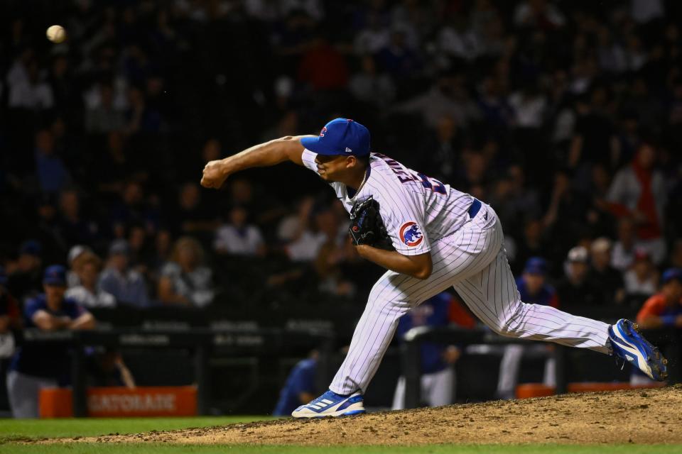 Chicago Cubs relief pitcher Jeremiah Estrada (56) delivers during the ninth inning of a baseball game against the Cincinnati Reds, Wednesday, Sept. 7, 2022, in Chicago.