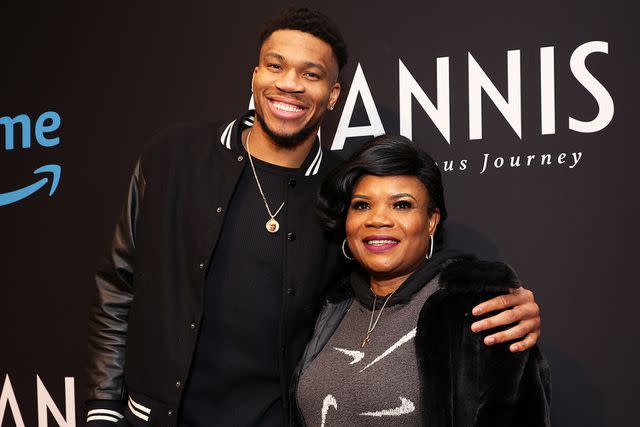 <p>Kevin Mazur/Getty</p> Giannis Antetokounmpo and his mother Veronica attend premiere of new documentary from Prime Video Sports