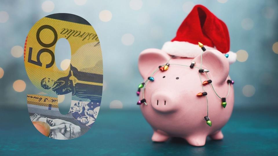 Compilation image of money saving piggy back with a Christmas hat and a number 9 with cash inside