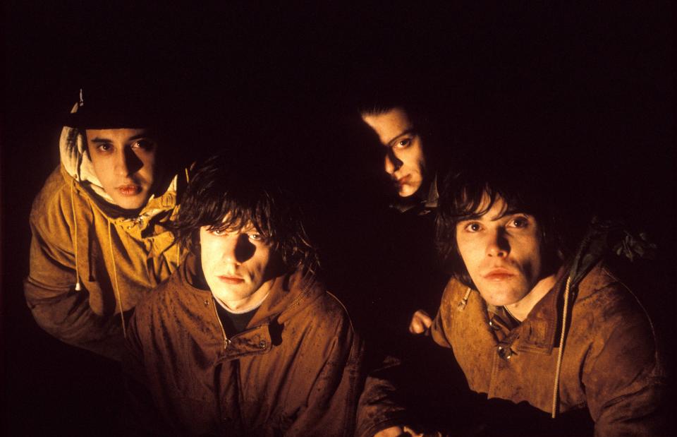 English rock group The Stone Roses posed in Hilversum, Netherlands in 1992. Left to right: Alan 'Reni' Wren, John Squire, Gary 'Mani' Mounfield and Ian Brown. (Photo by Michel Linssen/Redferns)