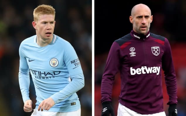 Pablo Zabaleta (right) will face former team-mate Kevin De Bruyne - getty images