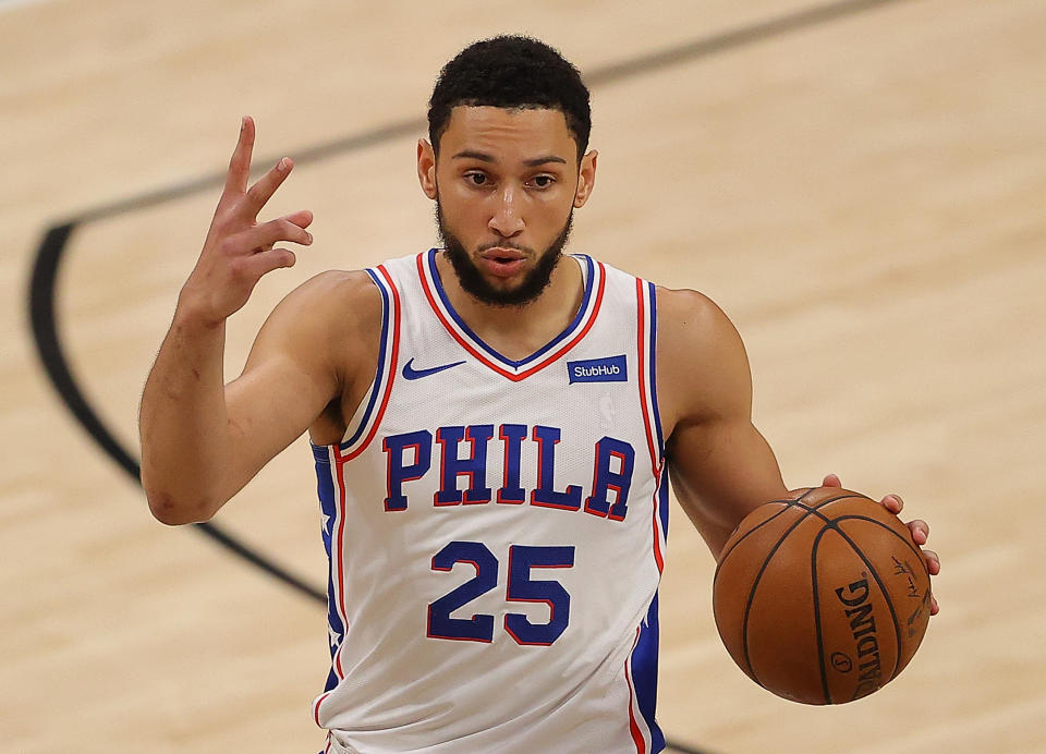 ATLANTA, GEORGIA - JUNE 18:  Ben Simmons #25 of the Philadelphia 76ers calls out a play against the Atlanta Hawks during the first half of game 6 of the Eastern Conference Semifinals at State Farm Arena on June 18, 2021 in Atlanta, Georgia.  NOTE TO USER: User expressly acknowledges and agrees that, by downloading and or using this photograph, User is consenting to the terms and conditions of the Getty Images License Agreement. (Photo by Kevin C. Cox/Getty Images)