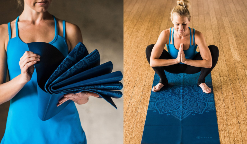 someone holding the folded up blue folding yoga mat / someone doing a yoga pose on the mat