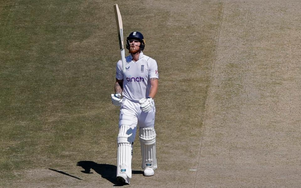 England's Ben Stokes reacts after losing his wicket, bowled out by India's Ravichandran Ashwin