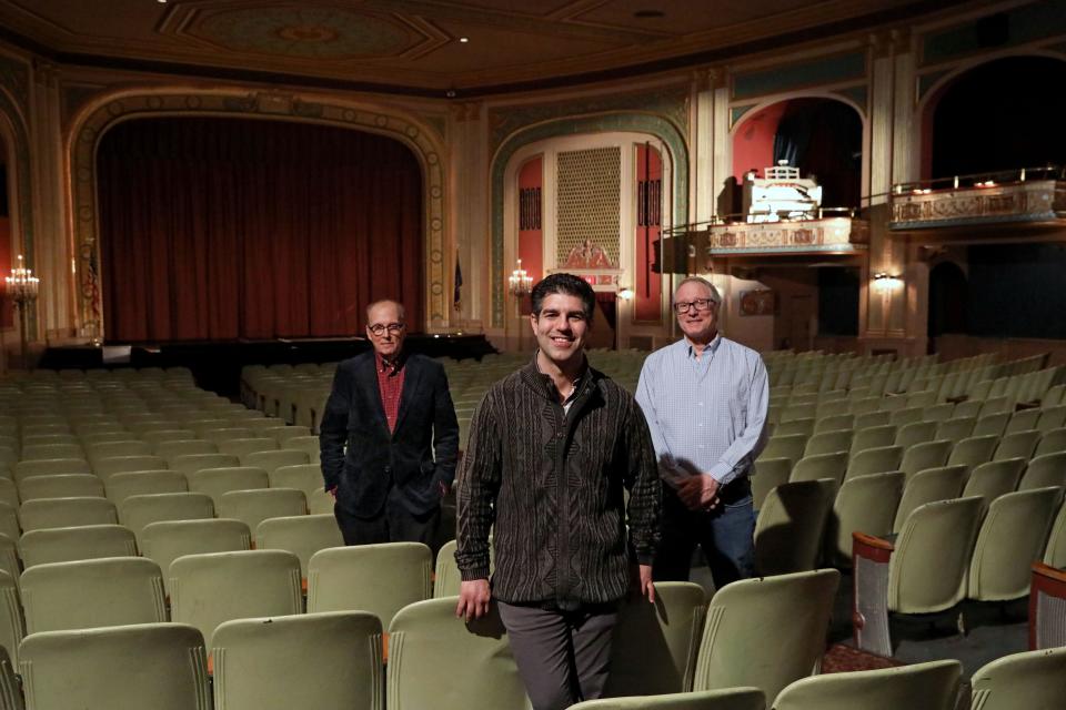 Ari Benmosche, center, owner of the Lafayette Theater, with house organist Dr. Dave Kopp, left, and Suffern village historian Craig Long, inside the theater in Suffern Feb. 15, 2024. The theater opened March 3, 1924 and will host a centennial celebration, March 1-3.