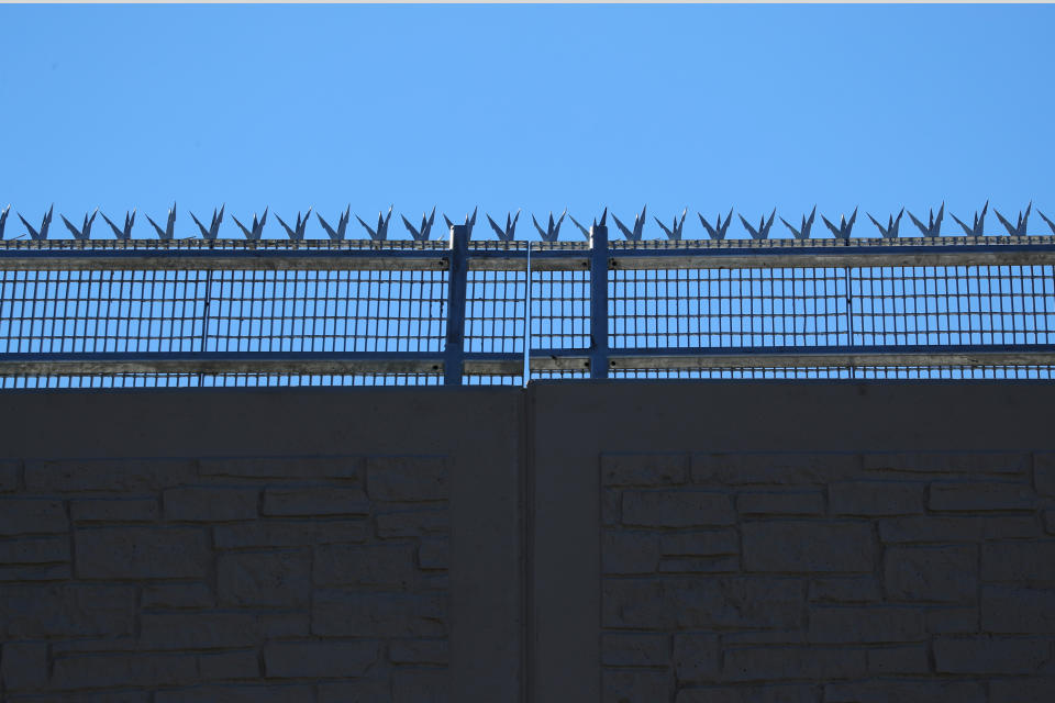 <p>The top of one of President Donald Trump’s eight border wall prototypes is pictured along U.S.- Mexico border near San Diego, Calif., Oct. 23, 2017. (Photo: Mike Blake/Reuters) </p>