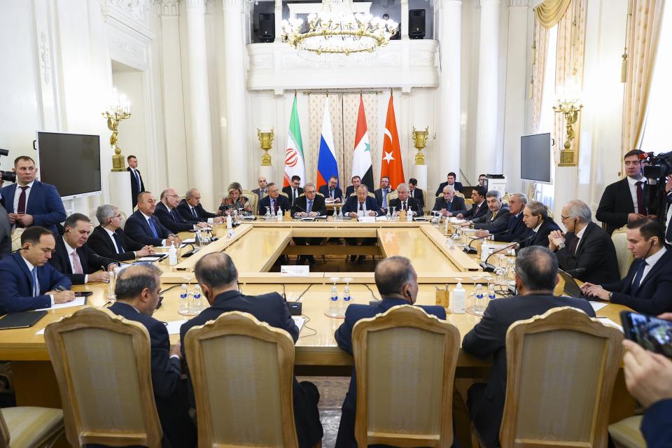 In this photo released by the Russian Foreign Ministry Press Service, a view of meeting of the foreign ministers of Russia, Syria, Turkey, and Iran in Moscow, Russia, Wednesday, May 10, 2023. (Russian Foreign Ministry Press Service via AP)