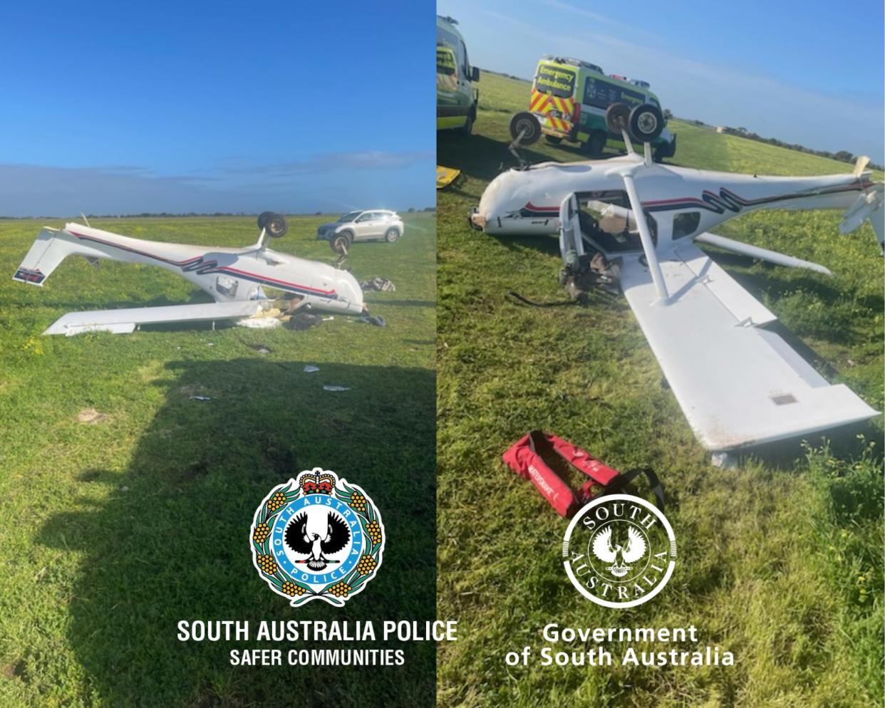 An image of a Jabiru plane flipped upside down after crashing into a horse in Australia.